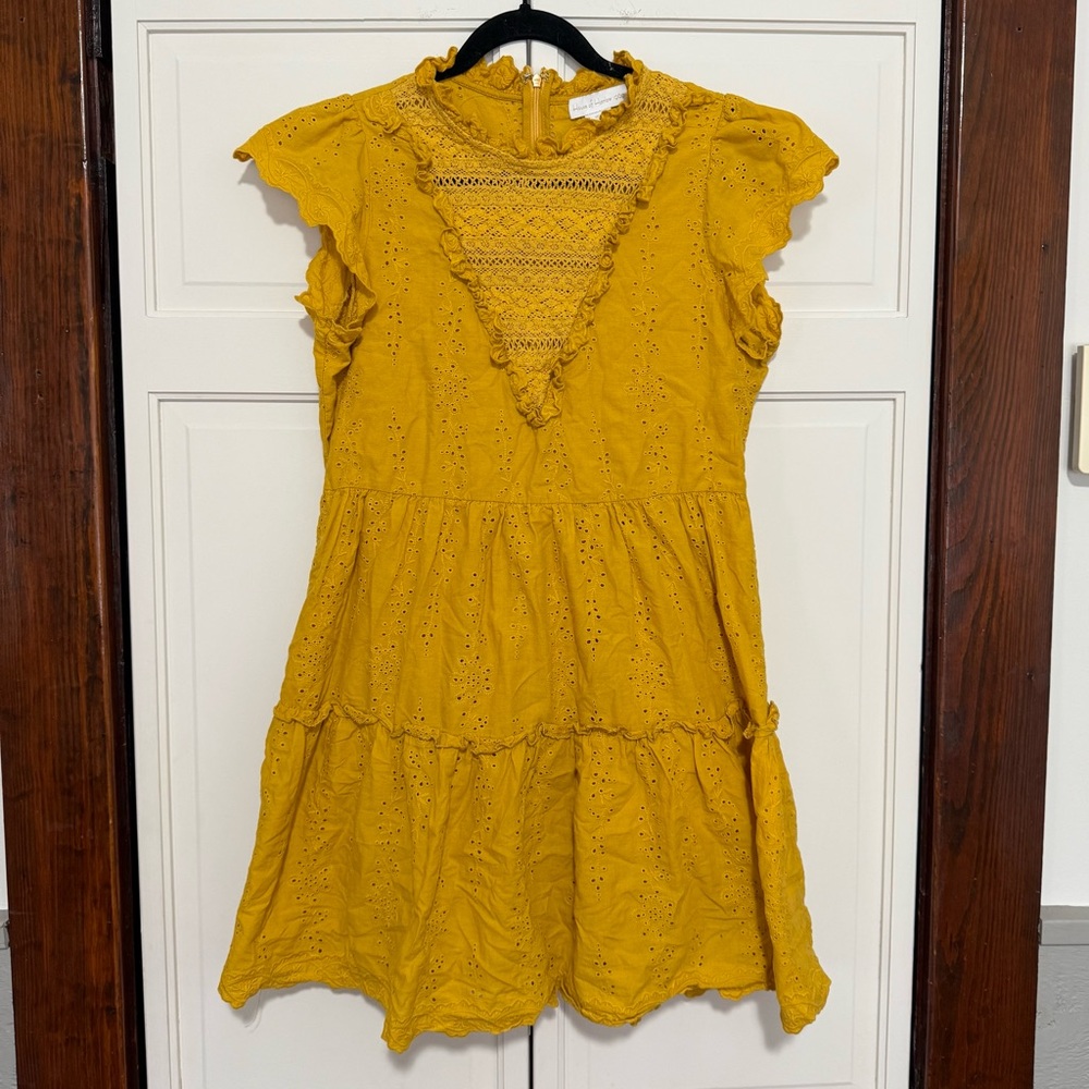 House of Harlow 1960 yellow eyelet lace tiered mini dress size medium